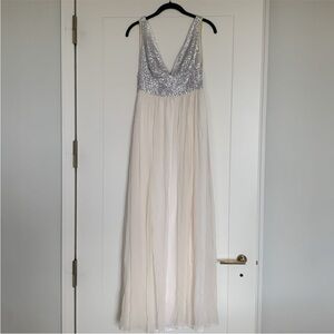 Vintage Rachel Gilbert Silver Rhinestone Embellished White Silk Chiffon Gown XS